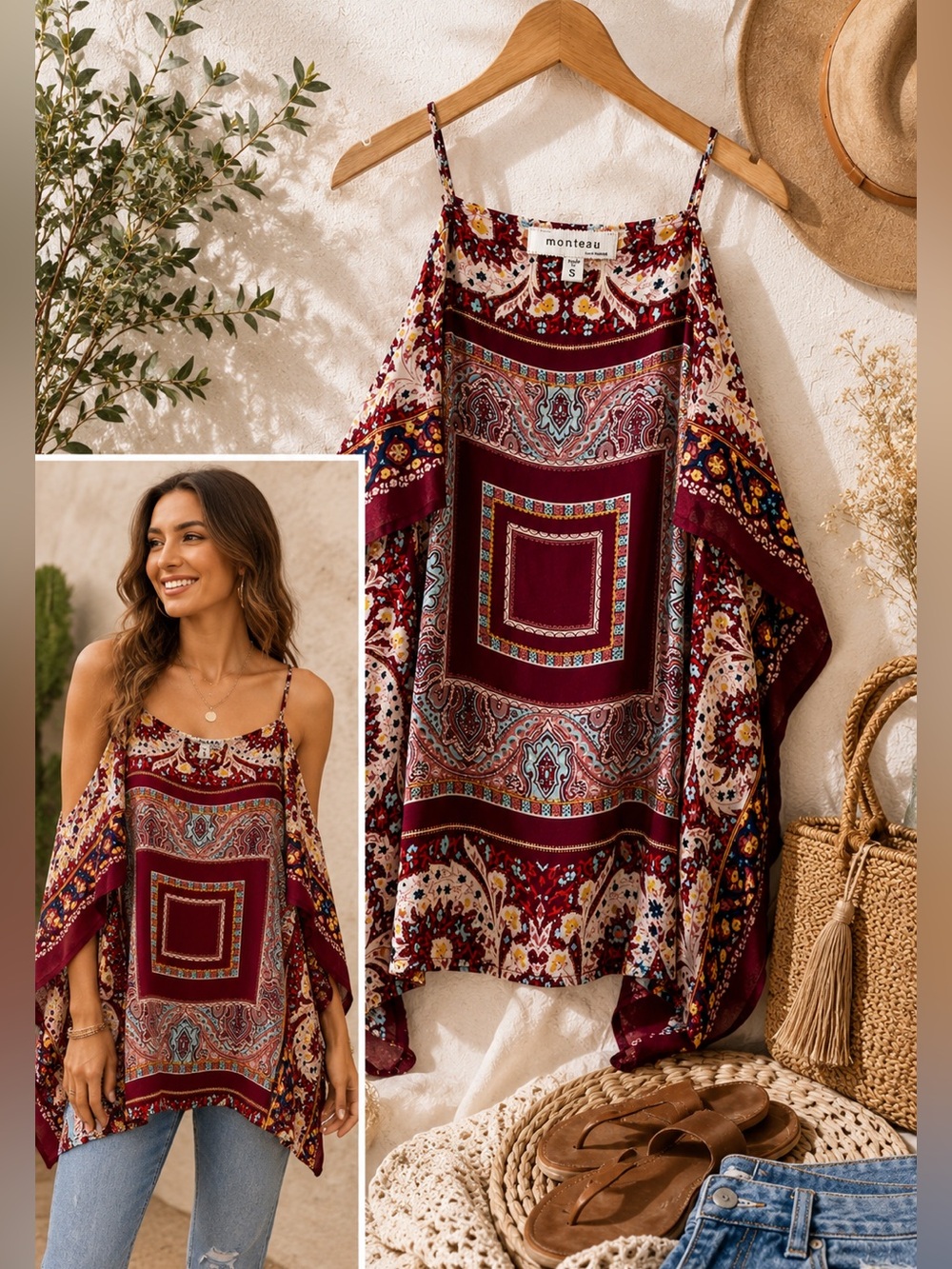 Monteau Los Angeles Cold Shoulder Paisley Boho Handkerchief Hem Top Size Small